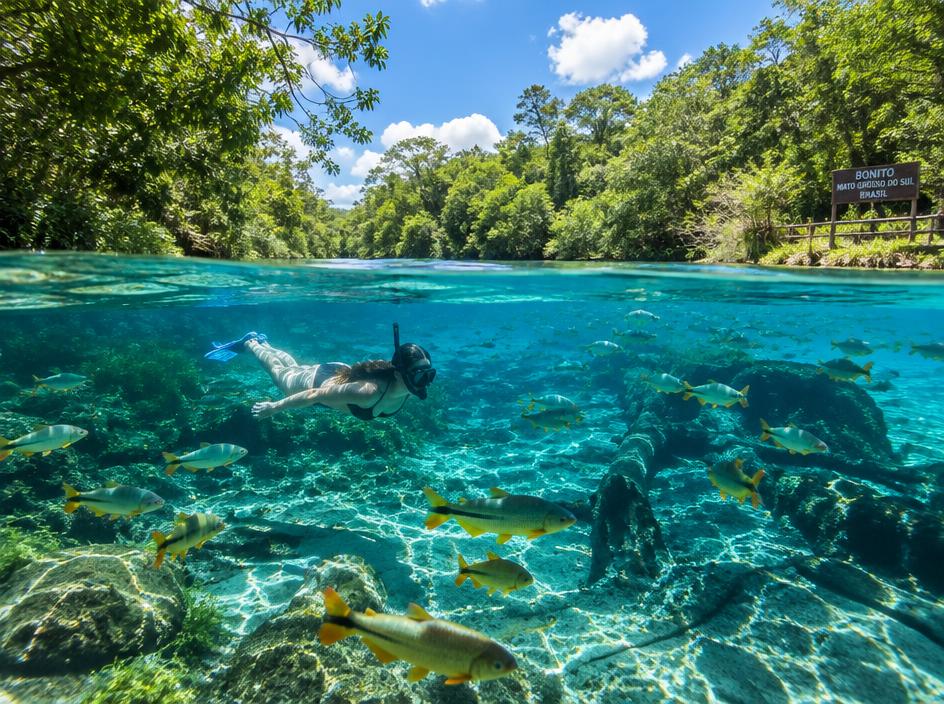 Flutuação em rio cristalino com peixes em Bonito
