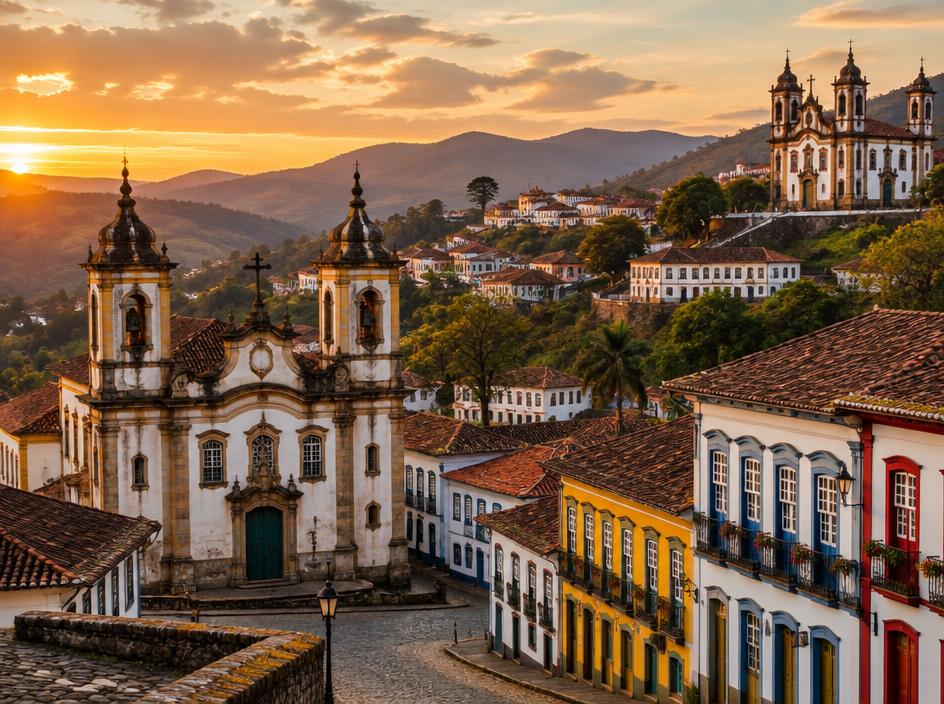 Igrejas barrocas e casario colonial de Ouro Preto ao entardecer